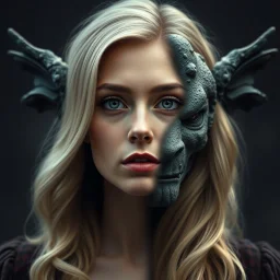 a portrait of a person. One half of their face is an attractive blonde woman in the day, the other a gargoyle statue at night