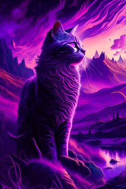 majestic cat, psychedelic, violet tones, fantasy landscape