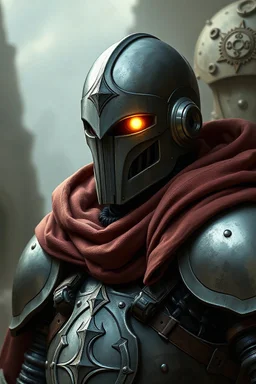 Male Warforged robotic cleric, medieval helmet on, with glowing eyes, cape, wearing iron armor, medieval style, dungeons and dragons, Large in stature,