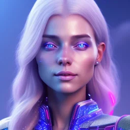 A portrait of a crystalised blue pink queen,smiling face, blue eyes, long blond hair, atmospheric, realistic, unreal engine, lighting, octane render.