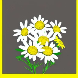 illustration of a bouquet of white daisies, digital illustration, thin black lineart, vector art, photoshop, plain yellow background, minimalist art