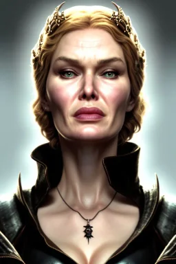 Cersei Lannister as evil queen in black leather coat, busty, cleavage, voluptuous, lena headay, angry, stern look. character design by cory loftis, fenghua zhong, ryohei hase, ismail inceoglu and ruan jia. unreal engine 5, artistic lighting, highly detailed, photorealistic, fantasy