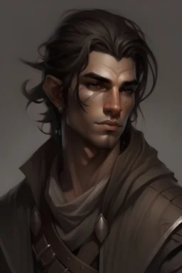 DND toned male half-elf rogue light brown skin, dark buzzed hair sad series look