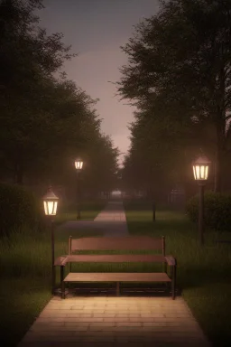 Park at night with lanterns, square bench, and dirt roads, trees, gothic horror films influence, creepy, photography