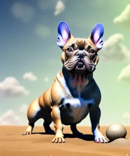 HD, high details, dramatic, detailed illustration of a french bulldog muscles standing on the sand, french bulldog wallpaper, detailed illustration of a french bulldog standing on the sand, french bulldog wallpaper, luminous body, sparkling body, full body, symmetrical body, realistic, clear focus, carefully detailed, soft evening sky, muscular body, hulk body, a lot of muscles on the body, realistic body, beautiful dog, super french bulldog