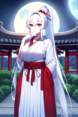 girl, masterpiece, best quality, cinematic lighting, detailed outfit, vibrant colors, perfect eyes, white hair, very long hair, ponytail, red eyes, hakama, shrine, moon, starry sky, plants, stone walkway,