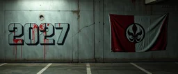 background of firing squad execution wall(wet textured concrete, gray, old, cracked, billet holes, blood stained, 1 wall light) from underground parking, german style, a large blocky upside down "2027" painted on left(old faded paint, red stains running down and past), cyberpunk, muralo on right of Republic of Gilead flag