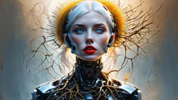 old worn paper, Ethereal bald white woman with thorns, thistles and plant roots on her head, cyberpunk biomechanics digital painting depicting a glowing woman with robotic features, combining human and artificial elements in a gripping sci-fi scene with intricate details and a cinematic atmosphere. Red lips, gold fragments, silver particles, wind, swirls, glare, glow from within, 8K, fine rendering, high detail, hyperrealism, high resolution, multi-layered, hyperdetail, hyperfocus,