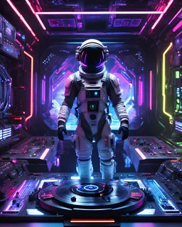 A length image full body astronaut playing turntable as DJ player in futuristic, sci-fi armor ,positioned in front of a complex control panel filled with various buttons and switches that are also illuminated, in a background resembling a corridor or chamber adorned with neon lights creating a sci-fi atmosphere, with more neons light colors,play music dj player