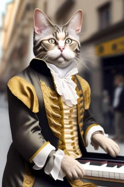 Mature cats dressed like "Wolfgang Amadeus Mozart", real paws, playing piano, street, Vienna, friendly, sunny day, model style, hyper realistic, extremely accurate, delicate, extremely detailed, Graphic novel style, wide-angle, open aperture, superfine pencil