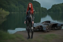 Wide-angle, full body and headshot of a skinny young woman, with long straight red hair, dressed in a robotic-looking catsuit, standing next to a lake with a crashed spaceship.