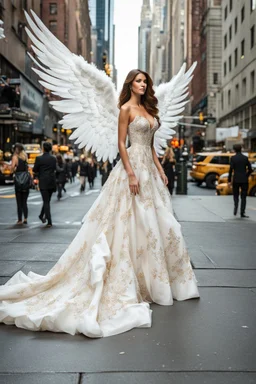 Full body excellent realistic portrait Beautiful Angel with luxury Victorian gown,walking at new York City street