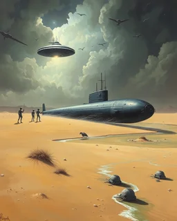 Bosch painting style A nuclear submarine left in the desert with sands and a little water and stormy clouds ,moved by a ufo spaceship and aliens are surrounding the submarine examining the submarine is tied by iron rob lefter it up by the ufo spaceship in the water