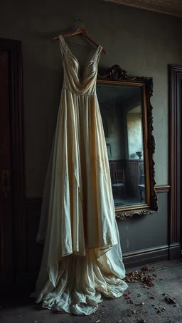 An old dusty wedding dress hanging on the wall , a cracked big mirror on the wall of an abandoned room , Bosch painting style, sad and tragic and dark scenes