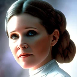 extremely detailed 8k hyperspace wallpaper,complete and photo realistic detailed head to waist stunning photo realistic portrait of carrie fisher as Princess Leia in star wars with photo realistic fine, simple and symetric hair, brown eyes, professional majestic photo realistic painting by Ed Blinkey, Atey Ghailan, by Jeremy Mann, Greg Manchess, Antonio Moro, trending on ArtStation, Intricate, High Detail, Sharp focus, dramatic, by greg rutkowski,