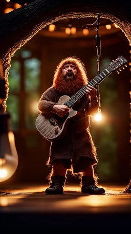 portrait of hairy rock guitar ninja sweet potato living inside a tree house in a hollow huge tree growing light bulbs, singing into ornate studio mic,bokeh like f/0.8, tilt-shift lens 8k, high detail, smooth render, down-light, unreal engine, prize winning