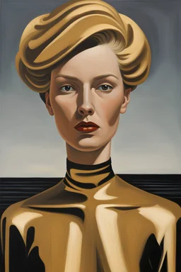 George Ault oil impasto paintingwoman Clad in the liquid gold of avant-garde elegance, her gaze is an enigmatic force that beckons the beholder into realms of opulent mystique.David Lynch movie still