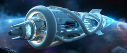 celtic knot hollow tube transparent core ornate indented space ship, shiny bright mega ship flourescent white blue like bubble gum with a few big windows and decks, interdimensional twister, rock against colored spaced fog, space interior. split tail,