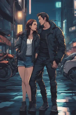 Science fiction, cyberpunk, city street, couple girl and guy, together, love, summer night, driving motorcycle