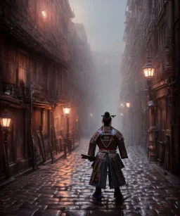 samurai, shadows, Brent Weeks, Night Angel, cobblestone street alley, highly detailed, hyper-detailed, beautifully color-coded, insane details, intricate details, beautifully color graded, Cinematic, Color Grading, Editorial Photography, Depth of Field, DOF, Tilt Blur, White Balance, 32k, Super-Resolution, Megapixel, ProPhoto RGB, VR, Halfrear Lighting, Backlight, non photorealistic rendering