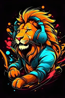 Graffiti style warm colors a cool lion with headphones brake dancing