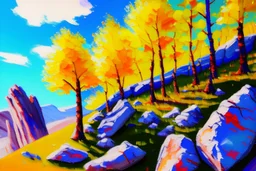 Sunny day, trees and rocks impressionism painting