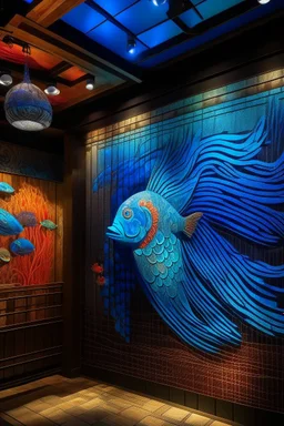 Project dynamic visuals of Mandarin Fish swimming and interacting with the textile elements onto the walls and hanging sculptures. Ensure that the projections seamlessly integrate with the textile materials to create a cohesive visual experience.