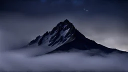 one single mountain sharp face rises out of the mist into the night sky.