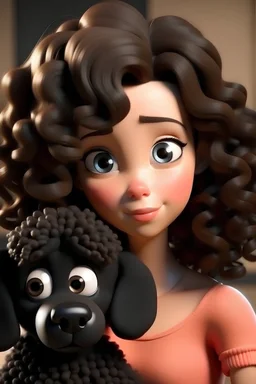 Menina com cabelo ondulado castanho escuro, olhos CASTANHOS , com um cachorro poodle preto , Disney Pixar