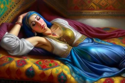 oriental arabic woman lying on a pillow painting neoclassism zoom out realistic whole body colorfull