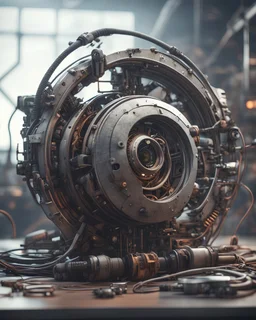 Futuristic gadget LOGO made with engine parts and wires dysoptia cyberage HAWKEN postapocalyptic dysoptia scene photorealistic uhd 8k VRAY highly detailed HDR