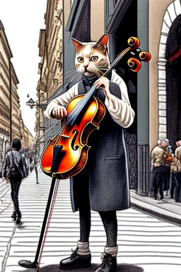 One single mature cat playing violin on the street, Vienna, friendly, model style, hyper realistic, extremely accurate, delicate, extremely detailed, Graphic novel style, wide-angle, open aperture, superfine pencil