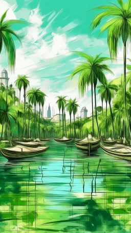 Bosch paint style nightmare, a city with green date palms trees and river and boats
