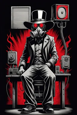 standing is a man with a wide hat(wide flat brim and a flat top, shading face) wearing a gas-mask standing, beside an electric-chair, vignette, black and white graphic novel style with a red outline on black background, gothic horror