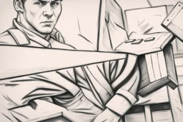 a swedish industry worker from sweden, very strong man pushing a wooden crates and IBC along the floor in a factory,very basic sketch painting like the image i uploaded, lead pencil