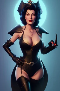 Ava Gardner as evil queen in black leather, busty, cleavage, curvy, angry, stern look. character design by cory loftis, fenghua zhong, ryohei hase, ismail inceoglu and ruan jia. unreal engine 5, artistic lighting, highly detailed, photorealistic, fantasy