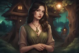 Junge Frau mit dunklen Haaren, grünen Augen und sinnlichen Lippen mit schüchternem Blick in braunem Leinenkleid, mit Amulett, im Hintergrund düstere Baumhaussiedlung bei Nacht, im Fantasystil gezeichnet.