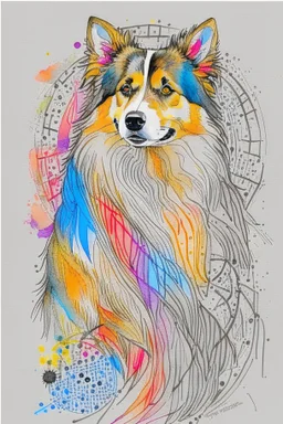 Abstract wet watercolour of a rough collie, ink lines, interlinked circles,detailed focus on eyes