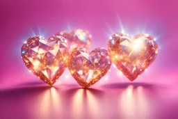 una piccola manciata di diamanti dorati avvolti da raggi di luce a forma di cuore su sfondo luminoso rosa e azzurro e lampi di luce