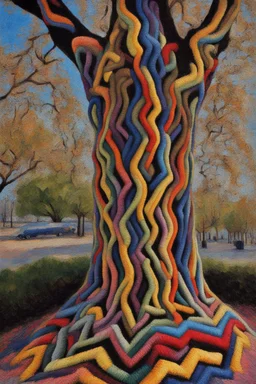 Yarn bombing trees in a chevron pattern; Neo-Impressionism; symbolism; Contemporary; Van Gogh; Hundertwasser; Giger