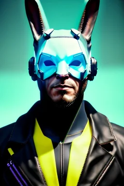 Medium Close Up Portrait, Front image. cyberpunk, rabbit mask, spanish man, white short hair. leather, titanium suit. Yellow, black, red, color. Ghost in the shell style. Color background, photo studio. Avatar image, highly detailed, concept art, smooth, unreal engine 5, god rays, ray tracing, RTX, lumen lighting, ultra detail, volumetric lighting, 3d, finely drawn, high definition, high resolution.