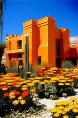 An orange colored desert palace with daisies painted by Piet Mondrian