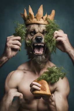 photo shoot of self aware werewolf boxing with bread with sea weed crown