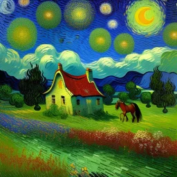 Dibujo al oleo de una pradera con una casa y un caballo con muchas nubes de colores estilo Vincent van Gogh