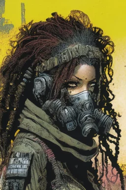 front facing full length portrait illustration of a grunge armored female with beaded dreadlock hair cyberpunk vampire mercenary with gas mask, telecommunications headset, and shemagh, highly detailed with gritty post apocalyptic textures, toxic irradiated landscape, finely detailed facial features and hair, in the graphic novel style of Bill Sienkiewicz, and Jean Giraud Moebius