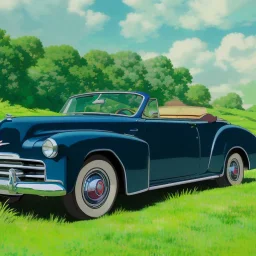 old cabriolet Cadillac front, de côté, metallic blue, in the green countryside with a beautiful blue sky