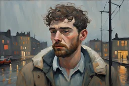 Euan Uglow-Norman Cornish oil painting, Otherworldly, young beautiful a dreaming young in UNStudio-Mvrdv cyberpunk (CITY) lights, сute beard guy, cries suffering looks behind, at the camera at half height, pastel color puffy and wool textures fashion, stormy day rainy, Cinematic lighting, Volumetric lighting, Epic composition, Photorealism, Very high detail, Bokeh blur, Sony Alpha α7, ISO1900, Character design, Unreal Engine, Octane render, HDR, By Simon Stalenhag sci-fi Art