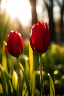 A big red tulip with a few branches of a small red tulip close to me and the sunlight