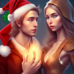 two elves. woman and man. Christmas scene. photorealistic. low-key