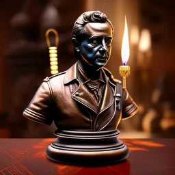 bronze bust of ghostbuster, ancient, magic,on dark wooden piano with drinking glass,compass,brilliance, candle, gold coins strewn,dark gauntlet, movie poster